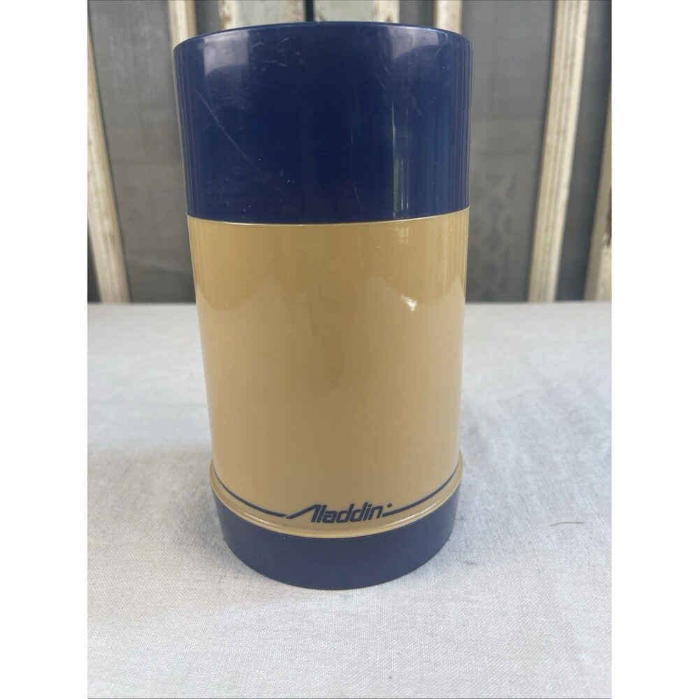 Aladdin Wide Mouth Thermos Vintage Blue & Tan 1 Pint Inner Safety Shield